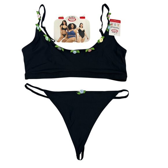 Parade Two Piece Black Bra & Thong Lingerie Small Floral Embellished Stretch Fit - Picture 1 of 8